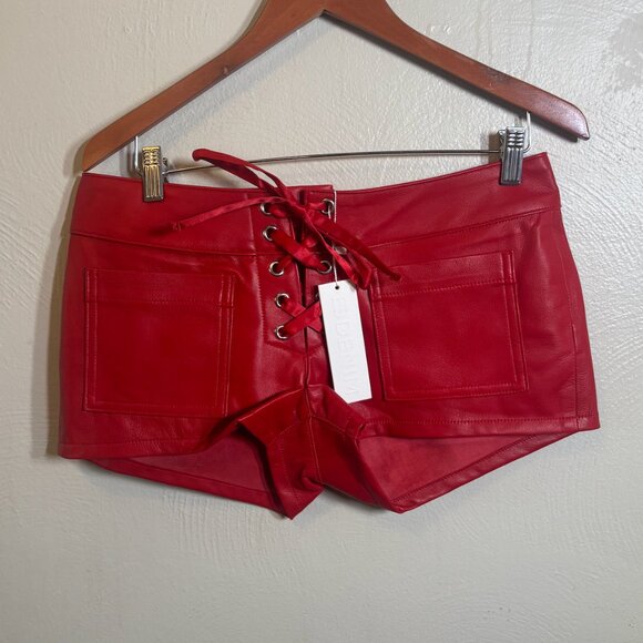 EB Denim Red Leather Micro Lace Up Shorts NWT - Picture 4 of 5